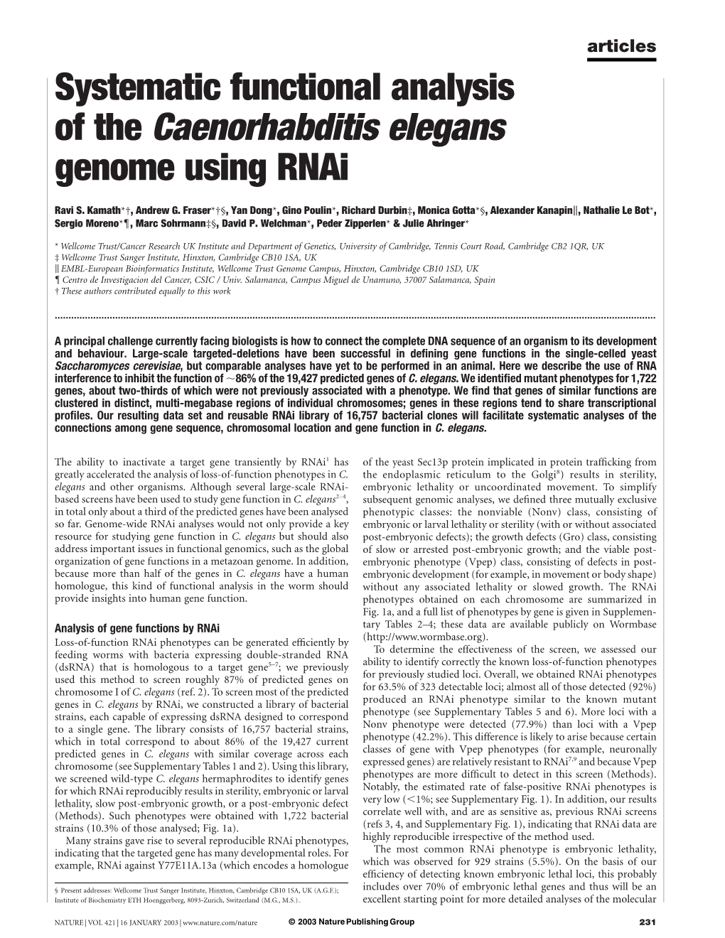 Systematic Functional Analysis of the Caenorhabditis Elegans Genome Using Rnai