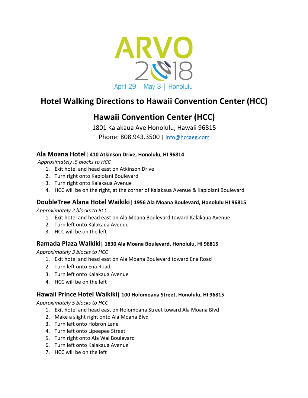 Hotel Walking Directions to Hawaii Convention Center (HCC) Hawaii