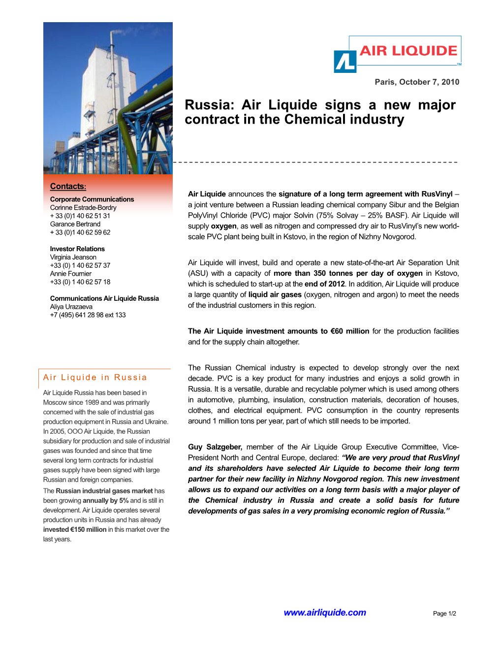 Russia: Air Liquide Signs a New Major Contract in the Chemical Industry