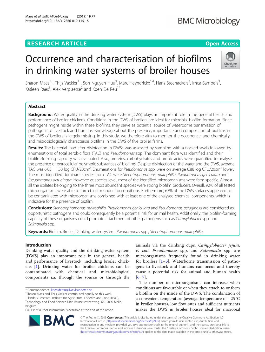 Occurrence and Characterisation of Biofilms in Drinking Water Systems Of