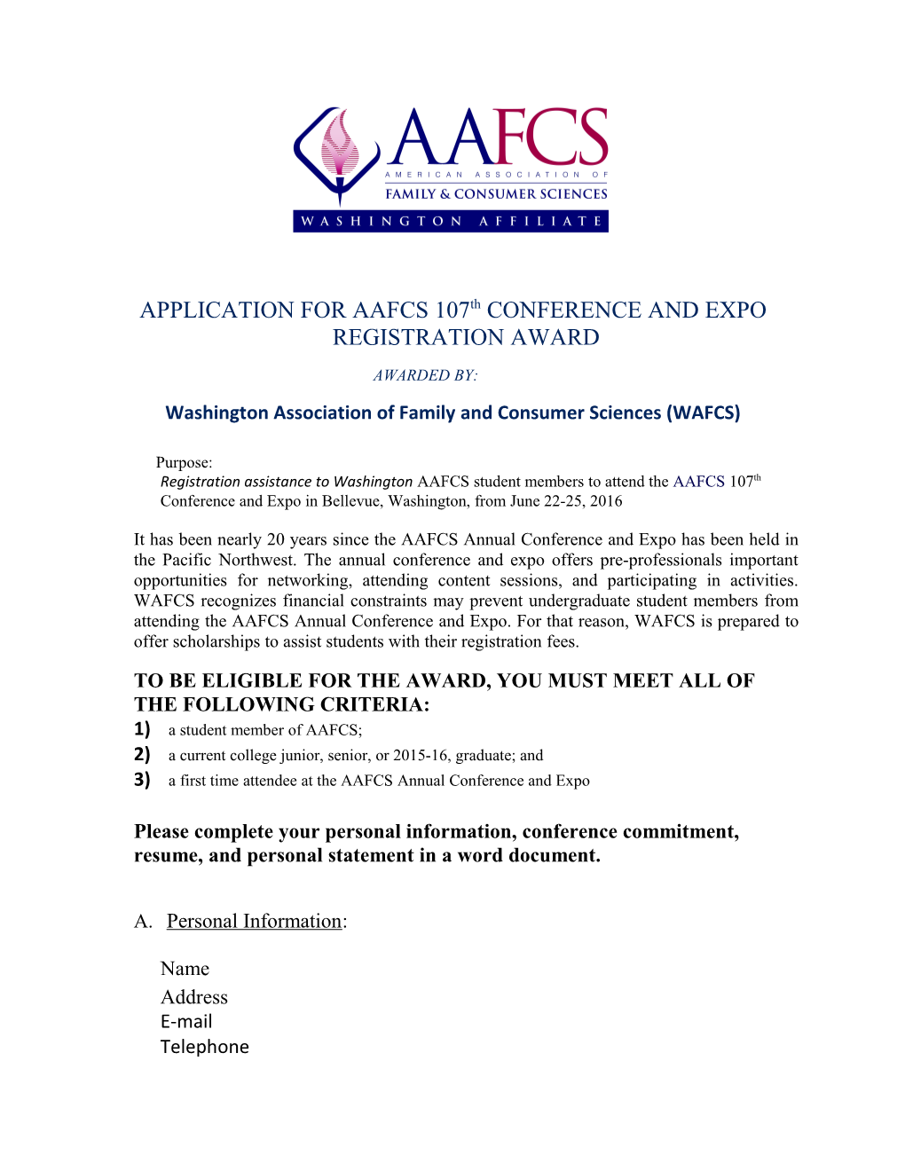 APPLICATION for AAFCS 107Th CONFERENCE and EXPO REGISTRATION AWARD