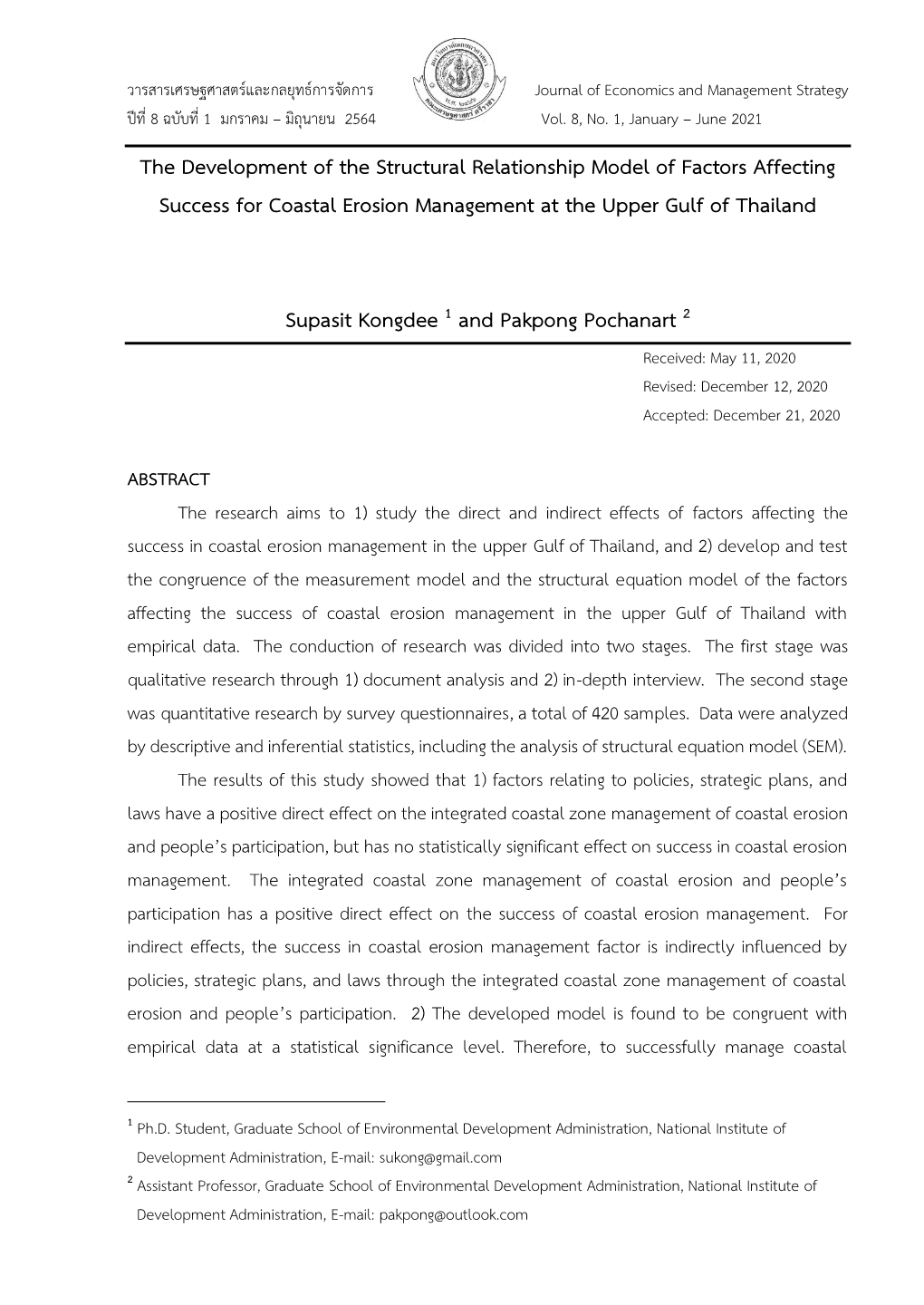 The Development of the Structural Relationship Model of Factors Affecting Success for Coastal Erosion Management at the Upper Gulf of Thailand