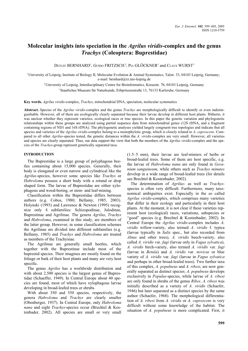 Molecular Insights Into Speciation in the Agrilus Viridis-Complex and the Genus Trachys (Coleoptera: Buprestidae)