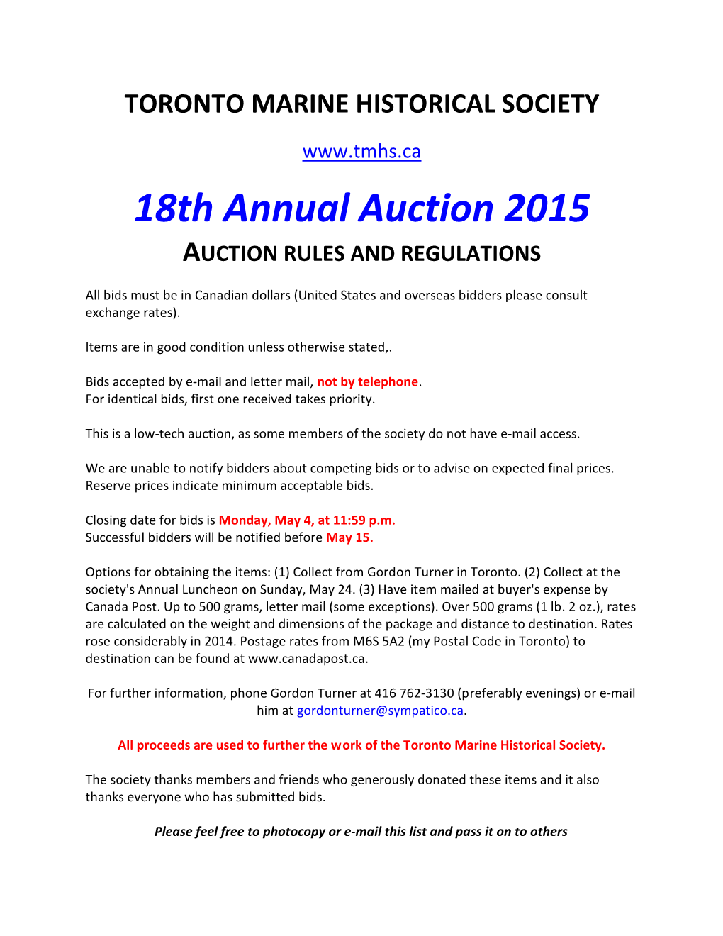 18Th Annual Auction 2015 AUCTION RULES and REGULATIONS