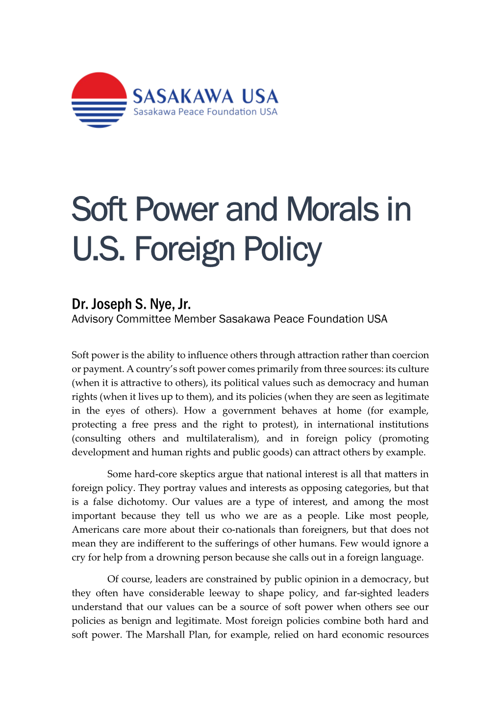 Soft Power and Morals in U.S. Foreign Policy