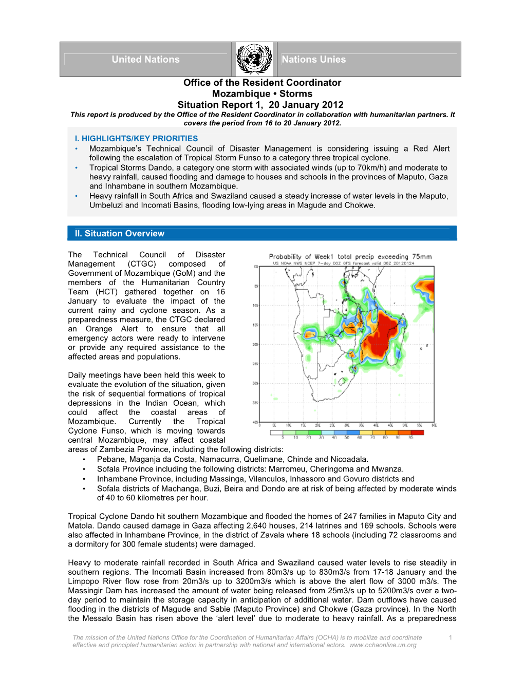 Office of the Resident Coordinator Mozambique • Storms Situation Report 1, 20 January 2012