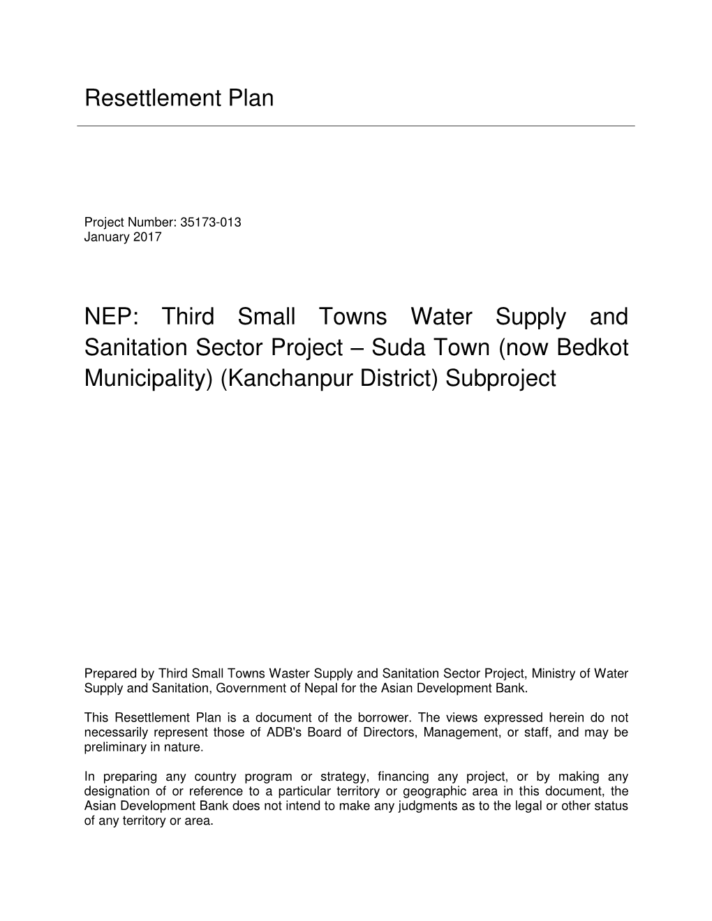 Third Small Towns Water Supply and Sanitation Sector Project – Suda Town (Now Bedkot Municipality) (Kanchanpur District) Subproject