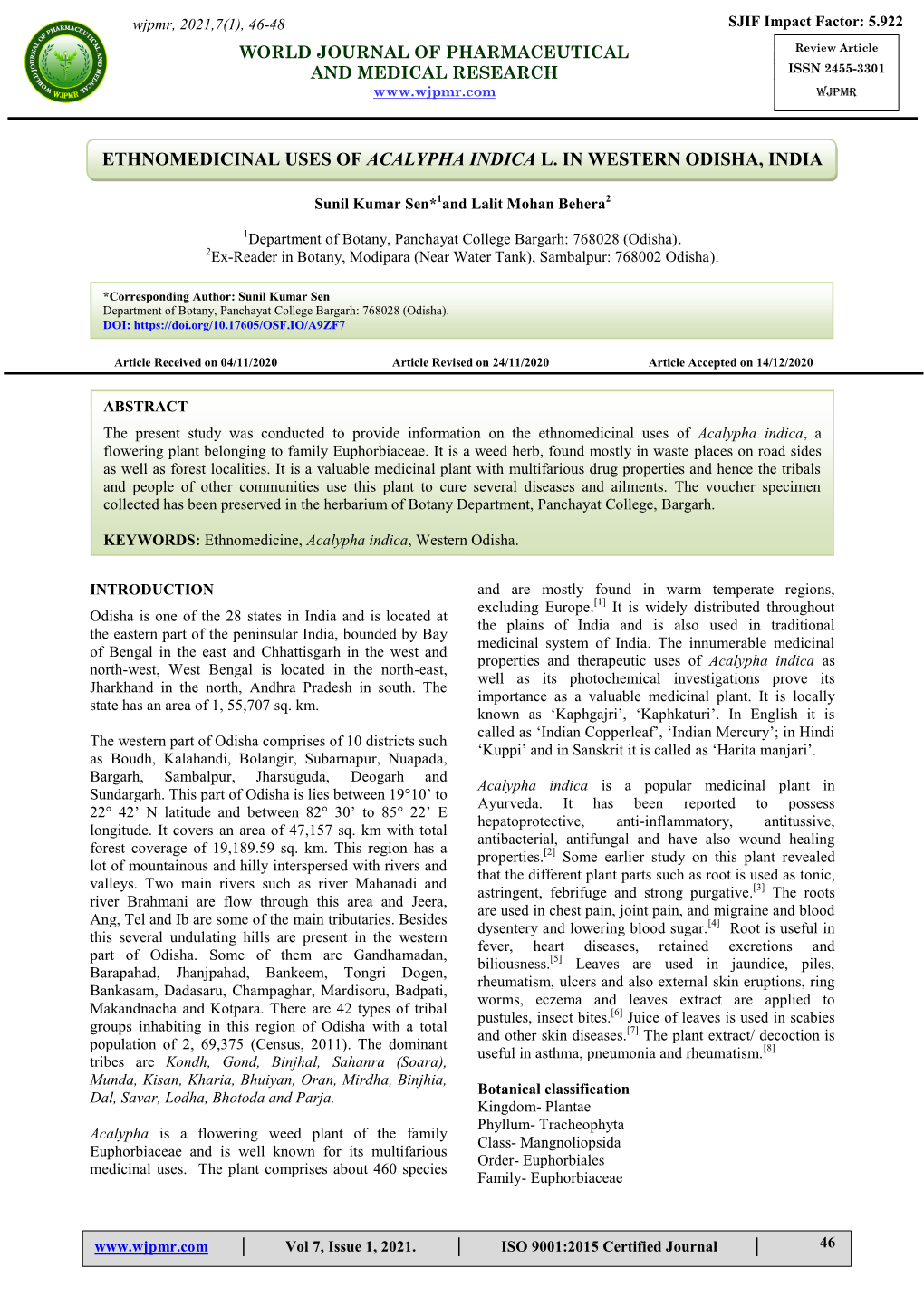 Ethnomedicinal Uses of Acalypha Indica L. in Western Odisha, India