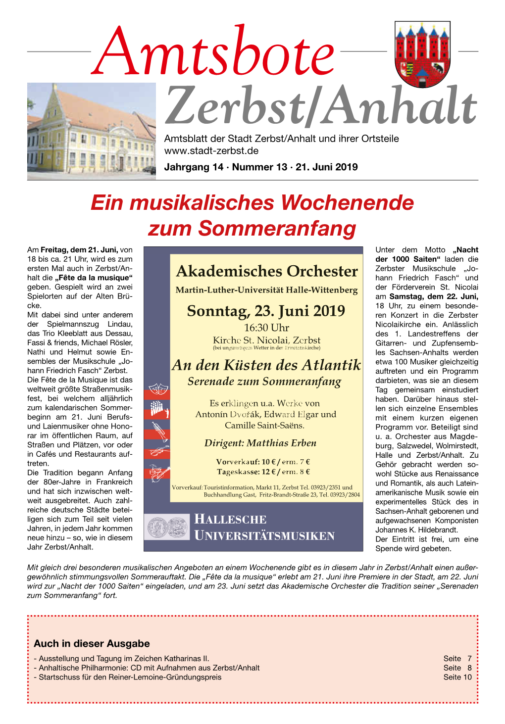 Zerbst/Anhalt Amtsblatt Der Stadt Zerbst/Anhalt Und Ihrer Ortsteile Jahrgang 14 · Nummer 13 · 21