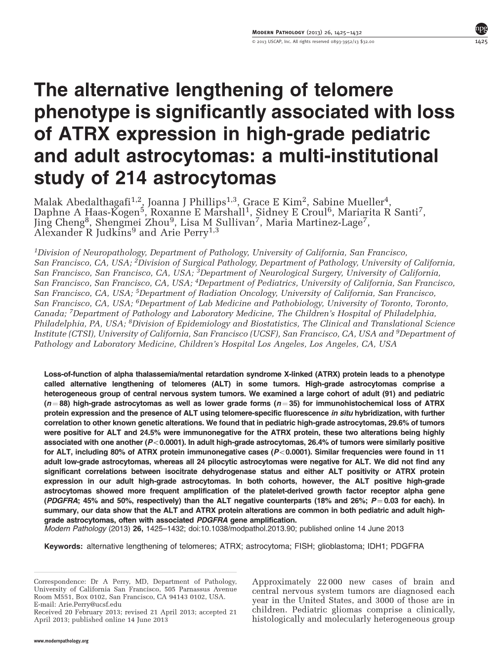 The Alternative Lengthening of Telomere Phenotype Is Significantly