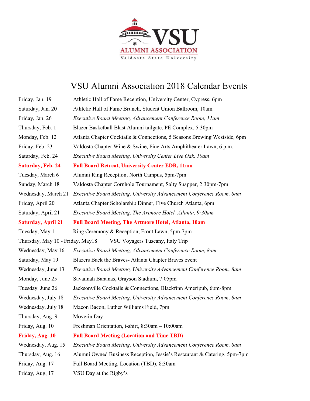 VSU Alumni Association 2018 Calendar Events