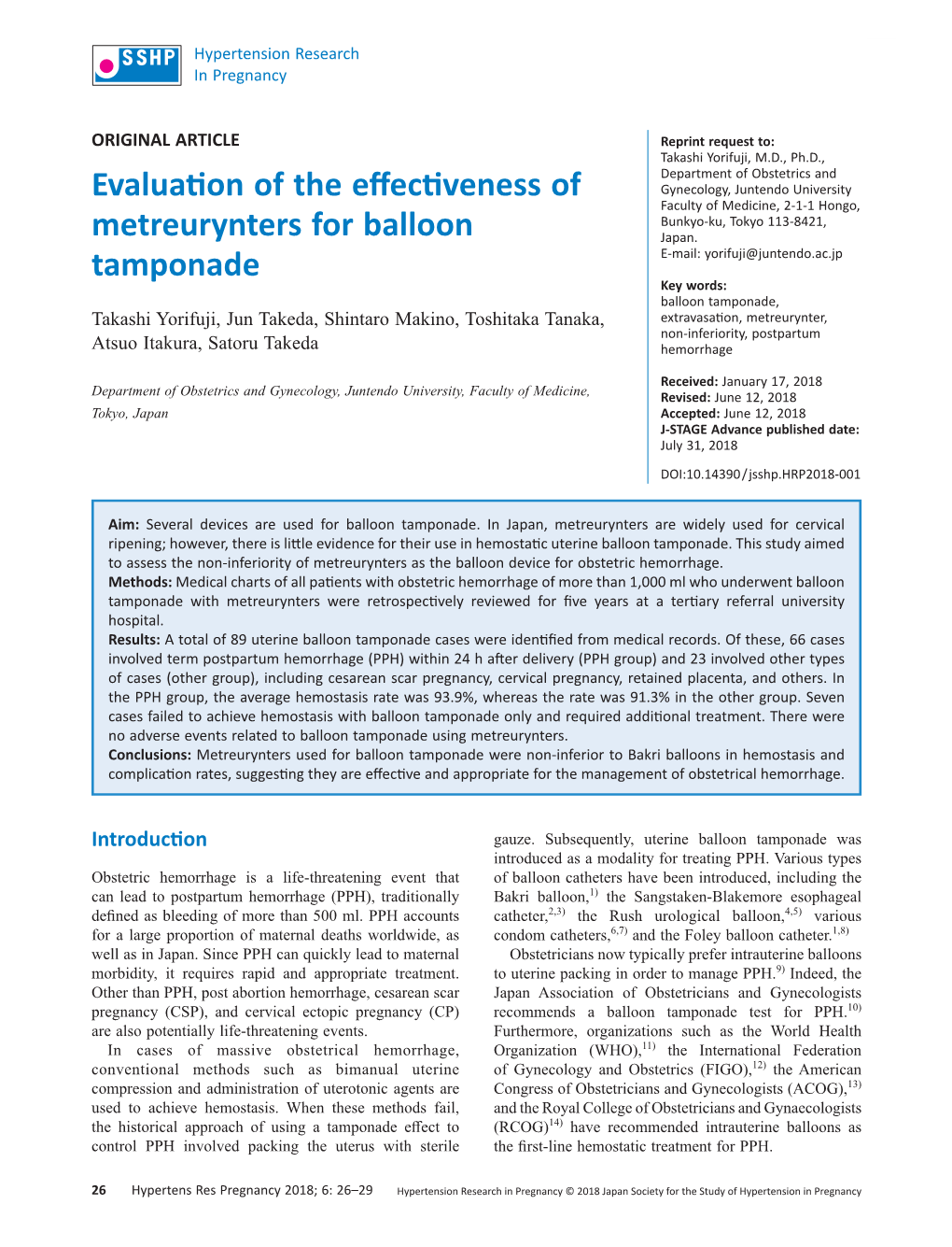 Evaluation of the Effectiveness of Metreurynters for Balloon Tamponade