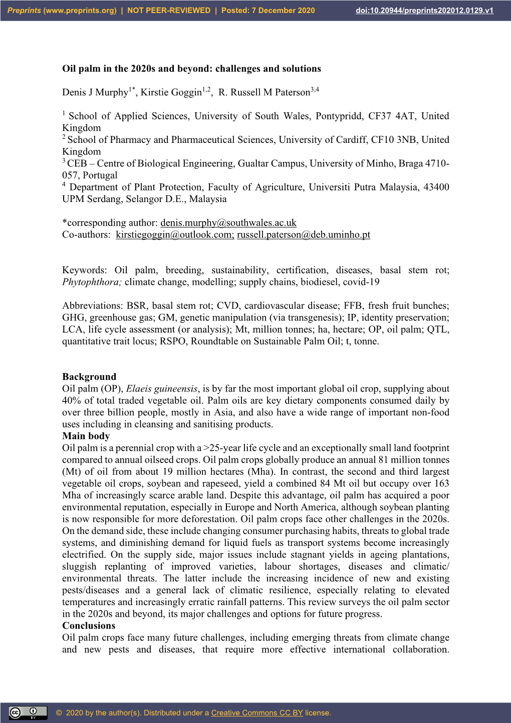 Oil Palm in the 2020S and Beyond: Challenges and Solutions