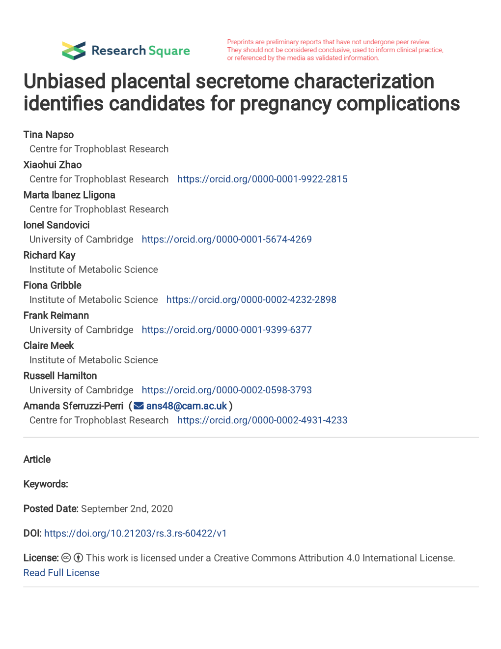 Unbiased Placental Secretome Characterization Identi�Es Candidates for Pregnancy Complications