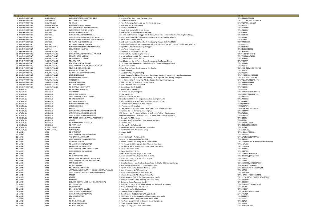 NO STATE CITY PROVIDER NAME ADDRESS TEL NO 1 BANGKA BELITUNG BANGKA BARAT KLINIK BAKTI TIMAH PARITTIGA JEBUS Jl