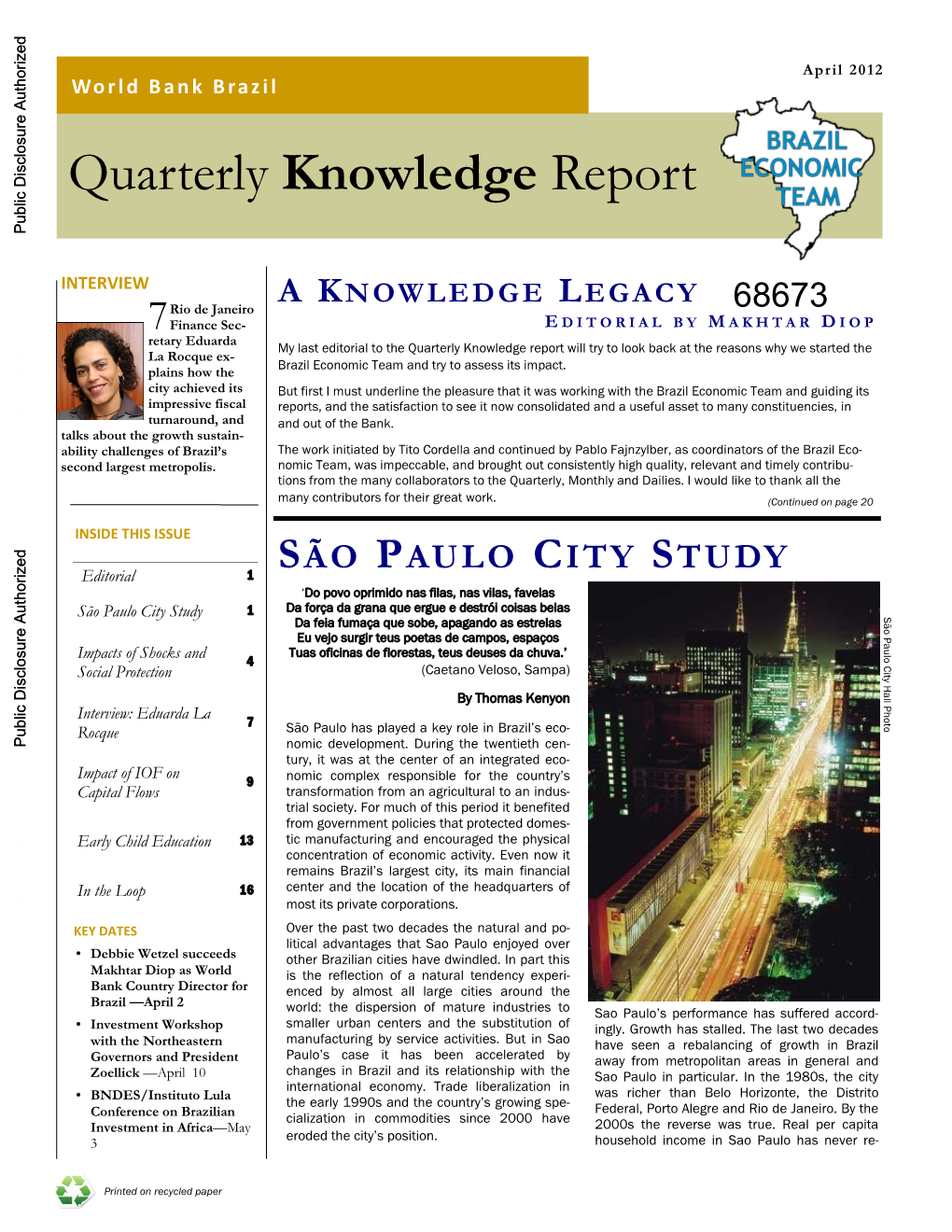 Quarterly Knowledge Report Public Disclosure Authorized