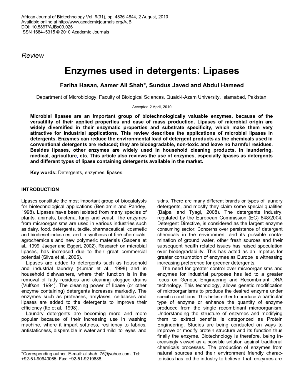 Enzymes Used in Detergents: Lipases