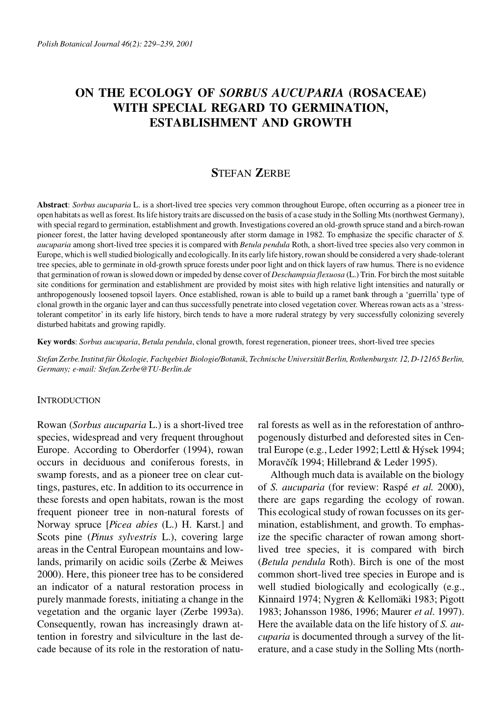 On the Ecology of Sorbus Aucuparia (Rosaceae) with Special Regard to Germination, Establishment and Growth