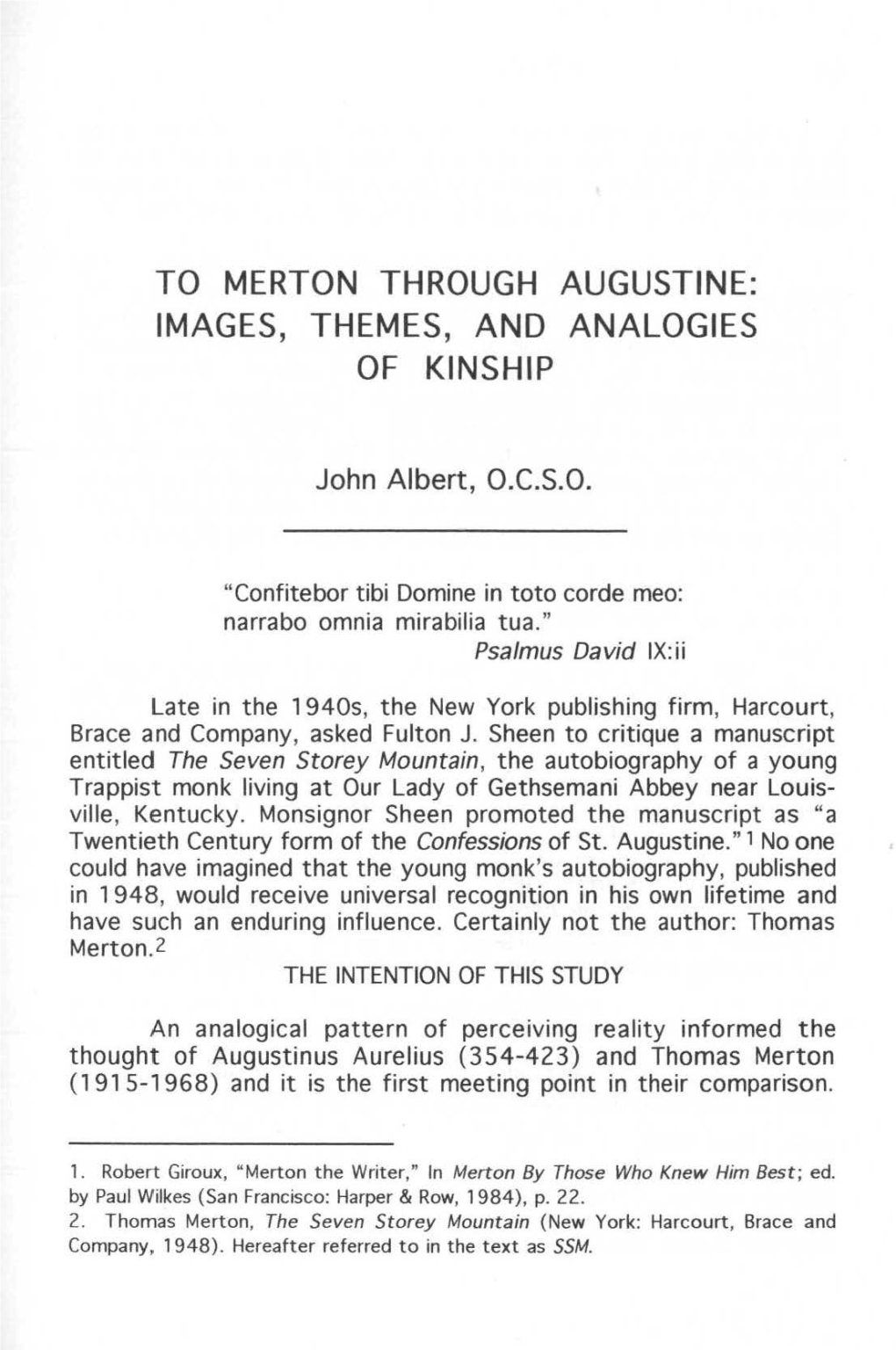 To Merton Through Augustine: Images, Themes, and Analogies of Kinship