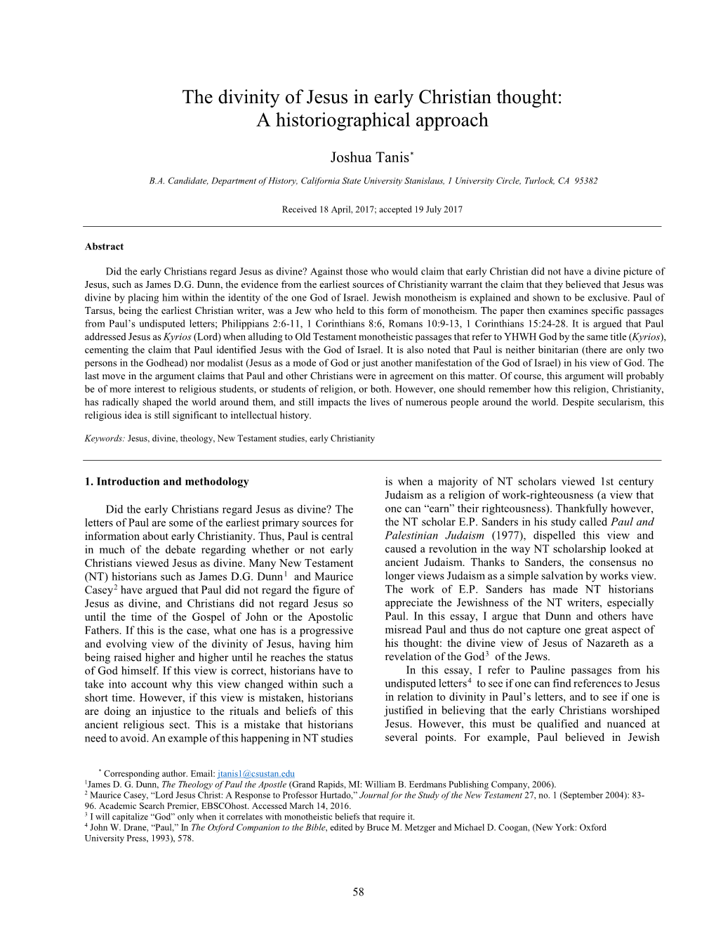 The Divinity of Jesus in Early Christian Thought: a Historiographical Approach