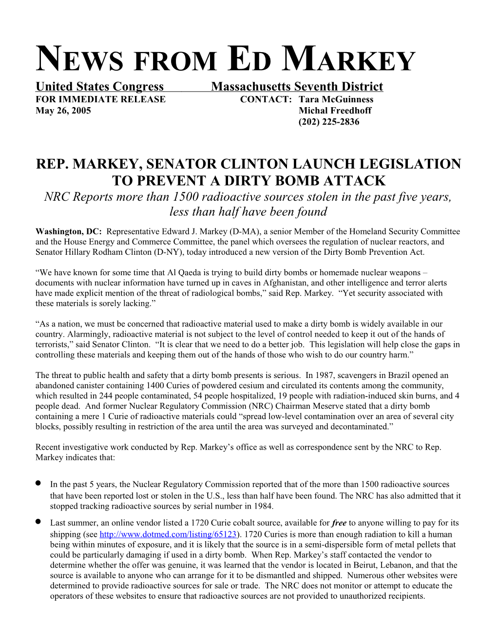 WASHINGTON, DC- Rep Markey (D-MA) and Xxx Representatives Today Released a Letter to House