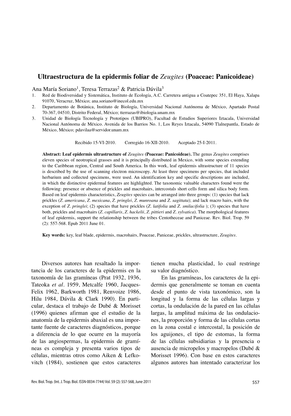 Ultraestructura De La Epidermis Foliar De Zeugites (Poaceae: Panicoideae)