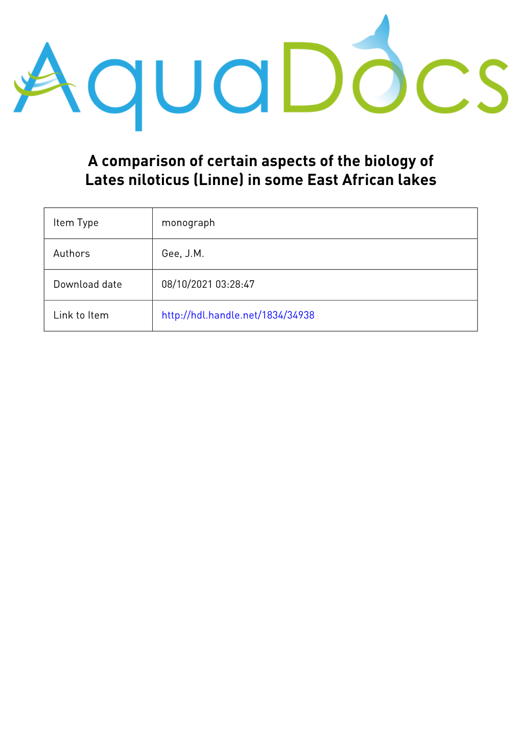 Of a Comparison of Certain the Biology of Lates East