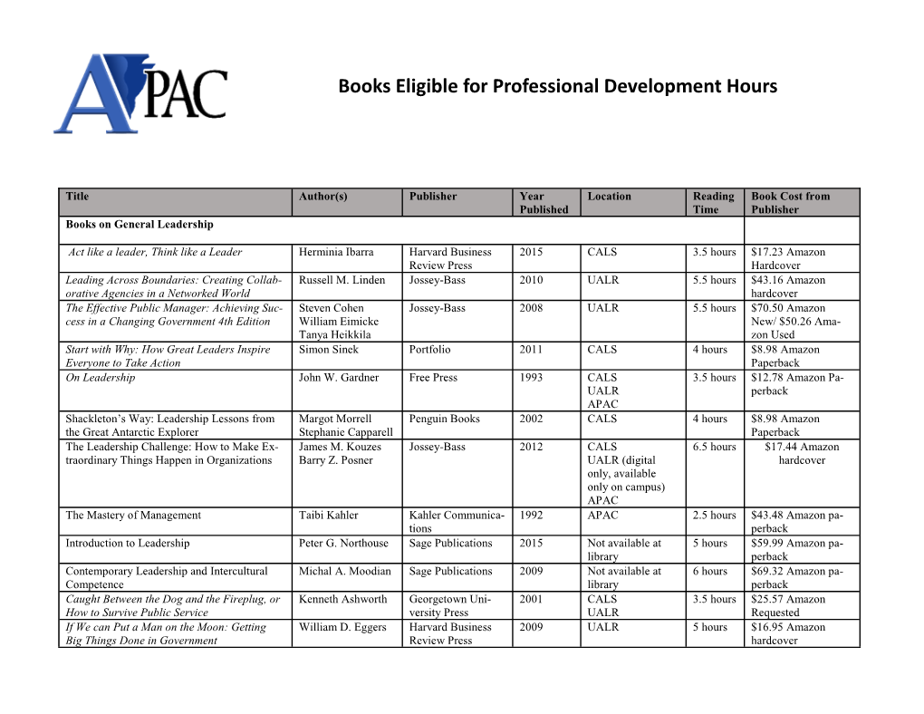 Books Eligible for Professional Development Hours