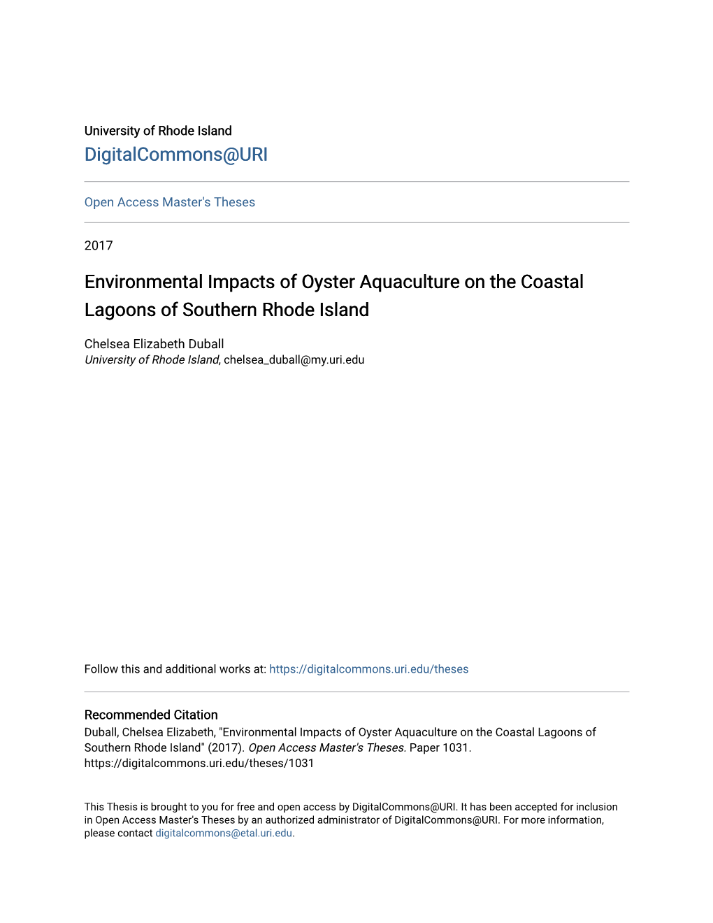 Environmental Impacts of Oyster Aquaculture on the Coastal Lagoons of Southern Rhode Island