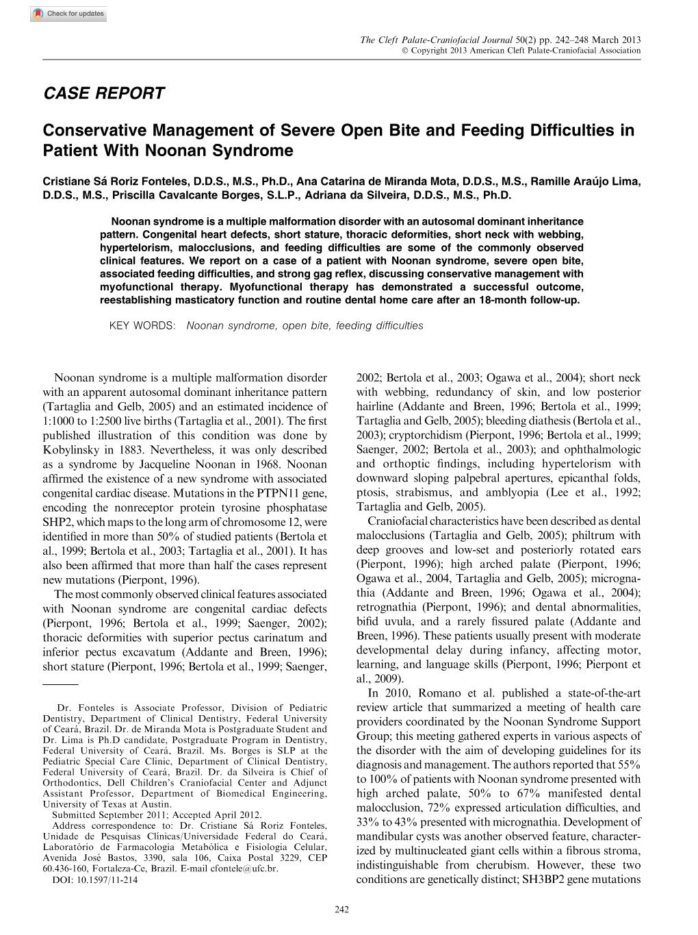 Conservative Management of Severe Open Bite and Feeding Difficulties in Patient with Noonan Syndrome