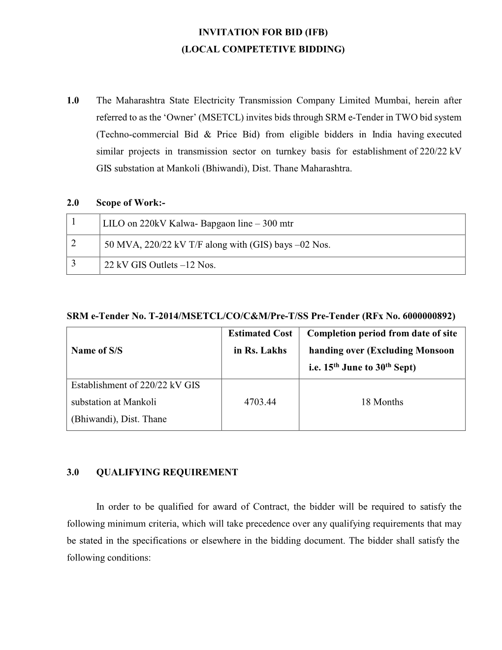 Invitation for Bid (Ifb) (Local Competetive Bidding)