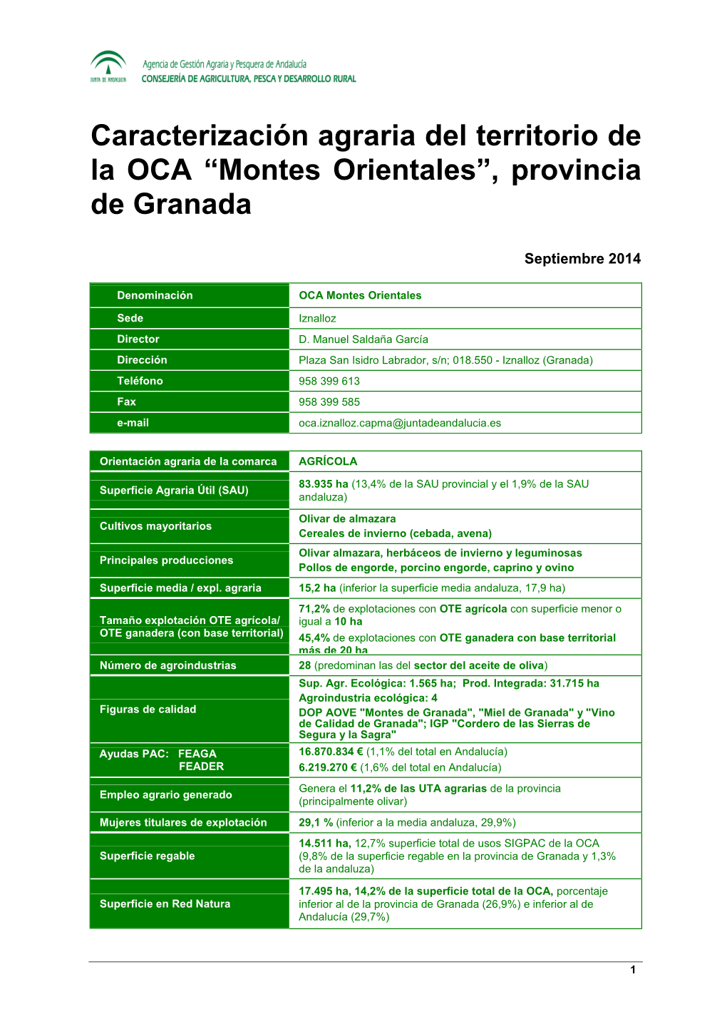 Caracterización Agraria Del Territorio De La OCA “Montes Orientales”, Provincia De Granada