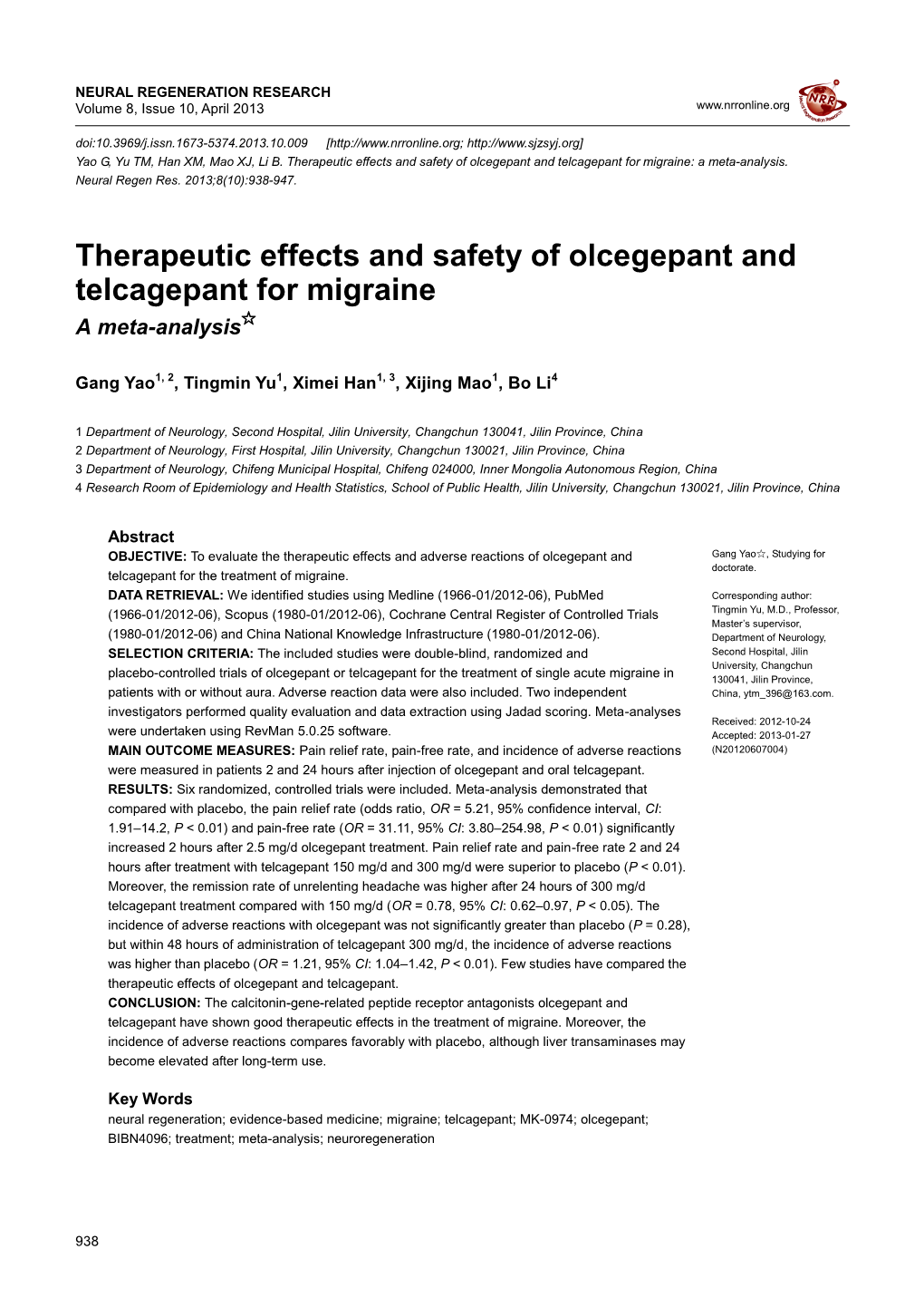 Therapeutic Effects and Safety of Olcegepant and Telcagepant for Migraine: a Meta-Analysis
