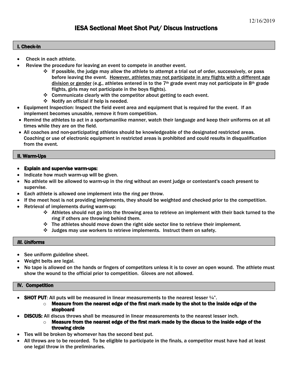 IESA Sectional Meet Shot Put/ Discus Instructions