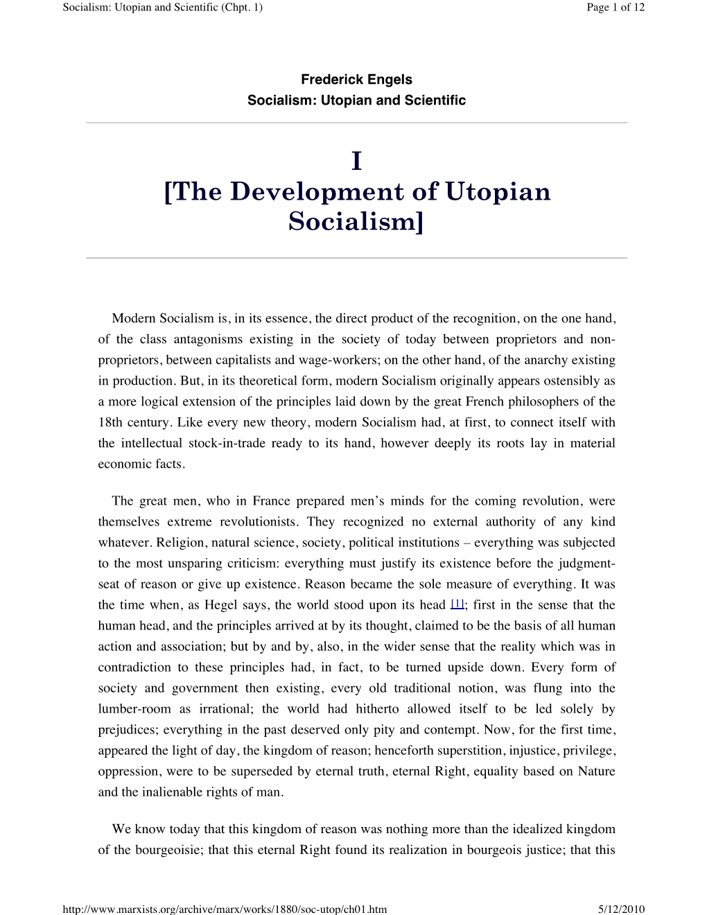 I [The Development of Utopian Socialism]