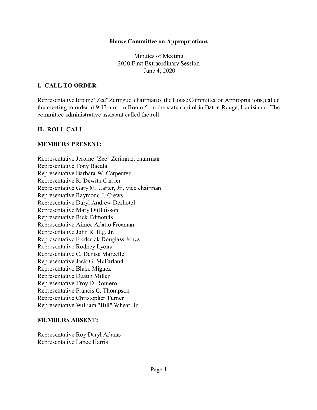 House Committee on Appropriations Minutes of Meeting 2020 First