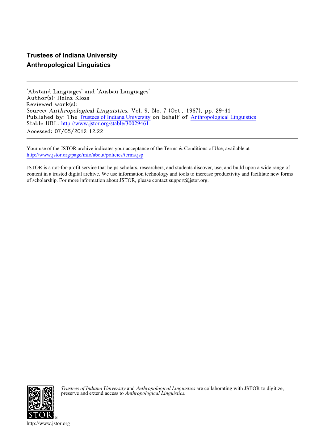 'Abstand Languages' and 'Ausbau Languages' Author(S): Heinz Kloss Reviewed Work(S): Source: Anthropological Linguistics, Vol