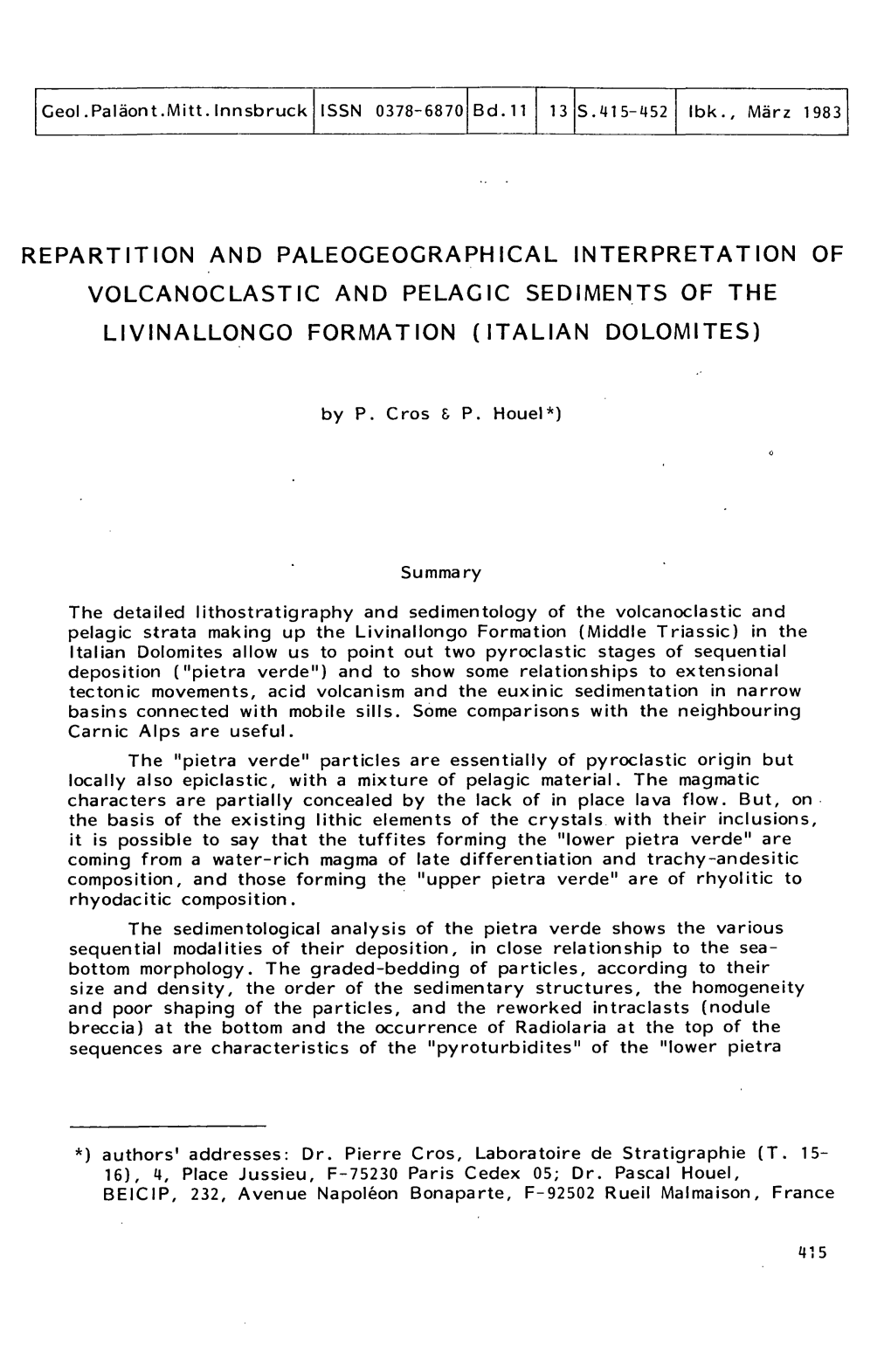 Repartition and Paleogeocraphical Interpretation of Volcanoclastic and Pelagic Sediments of the Livinallonco Formation (Italian Dolomites)