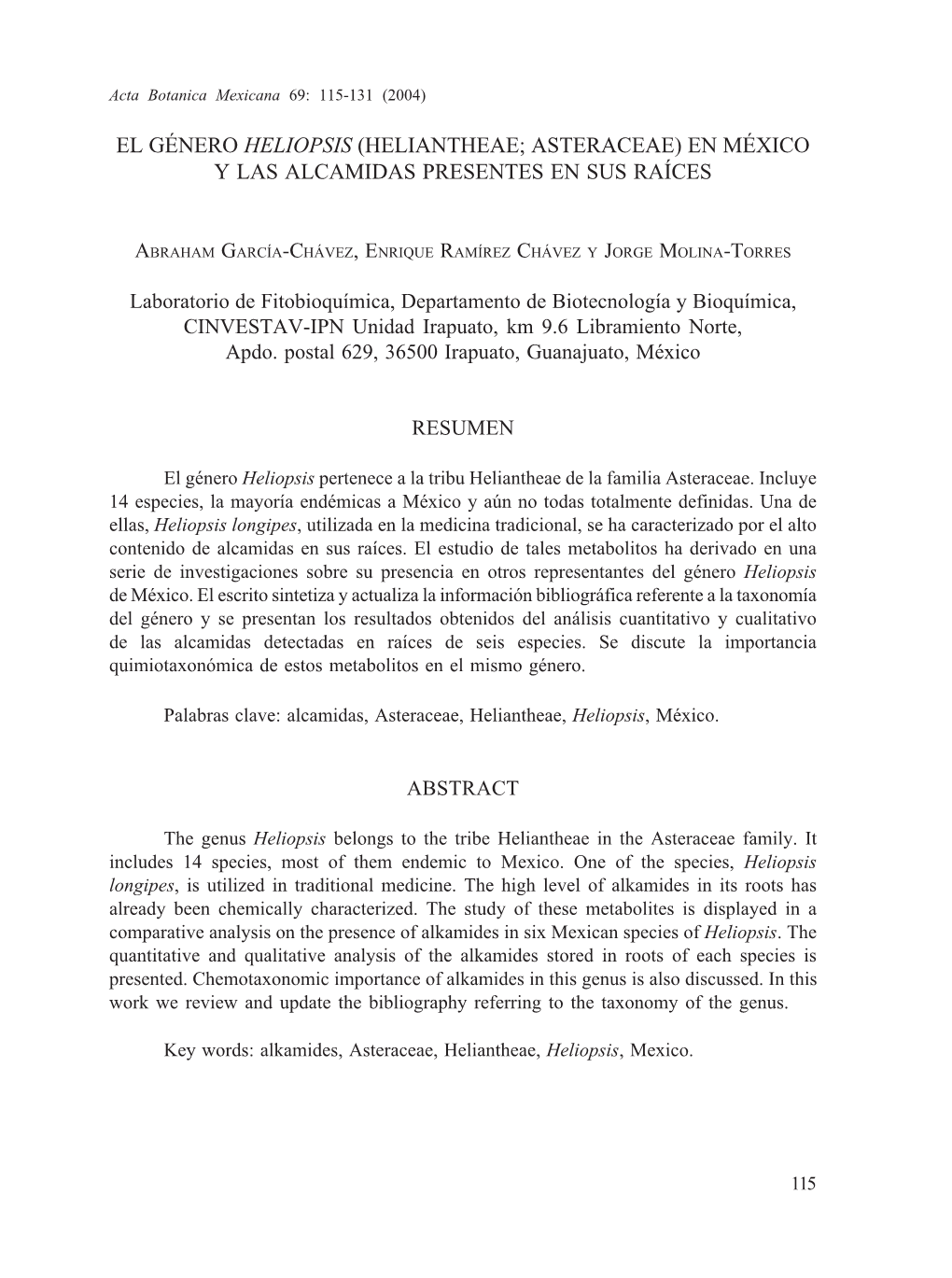 El Género Heliopsis (Heliantheae; Asteraceae) En México Y Las Alcamidas Presentes En Sus Raíces