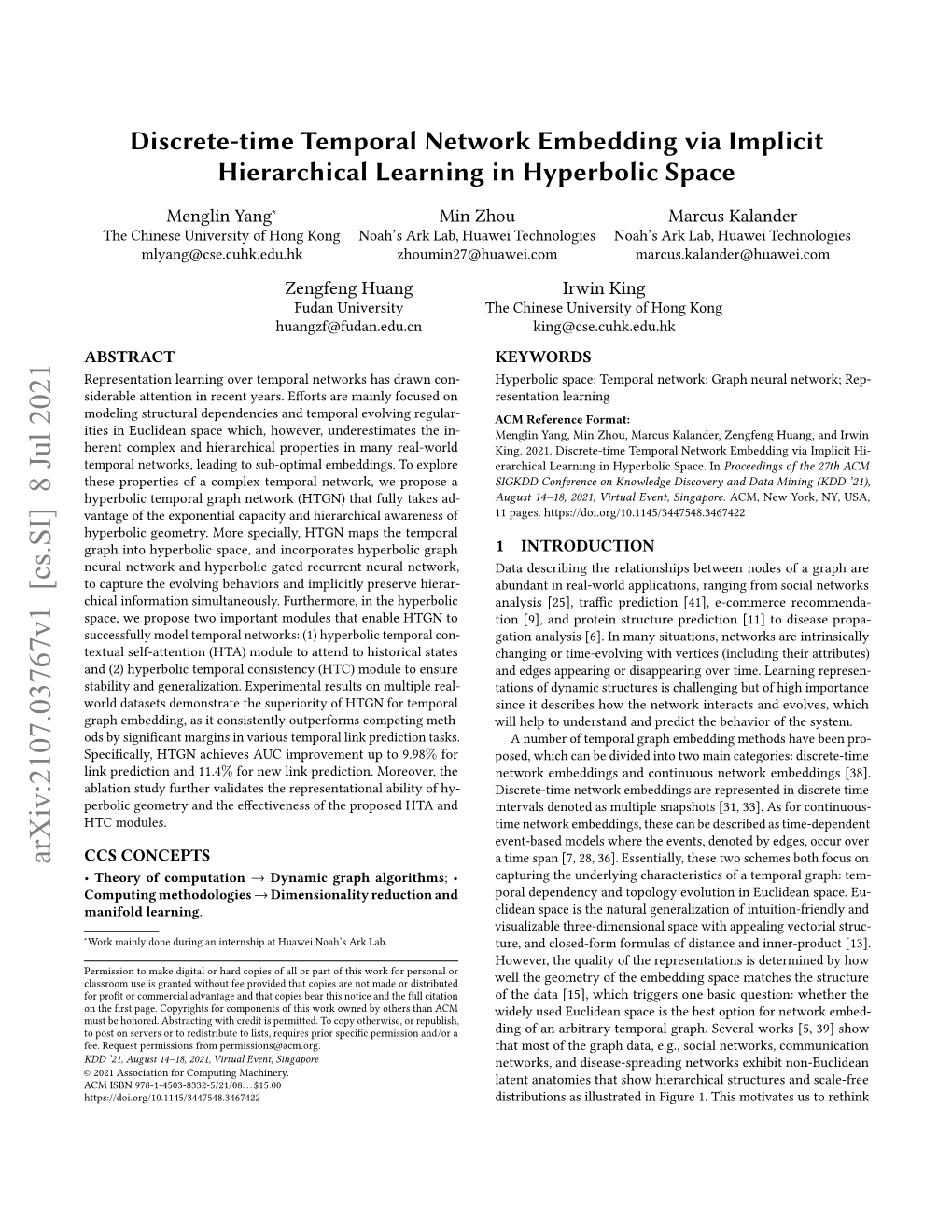 Discrete-Time Temporal Network Embedding Via Implicit Hierarchical Learning in Hyperbolic Space