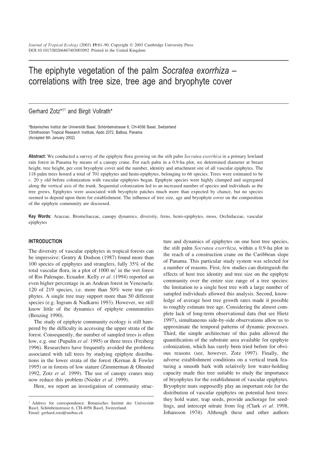 Socratea Exorrhiza – Correlations with Tree Size, Tree Age and Bryophyte Cover