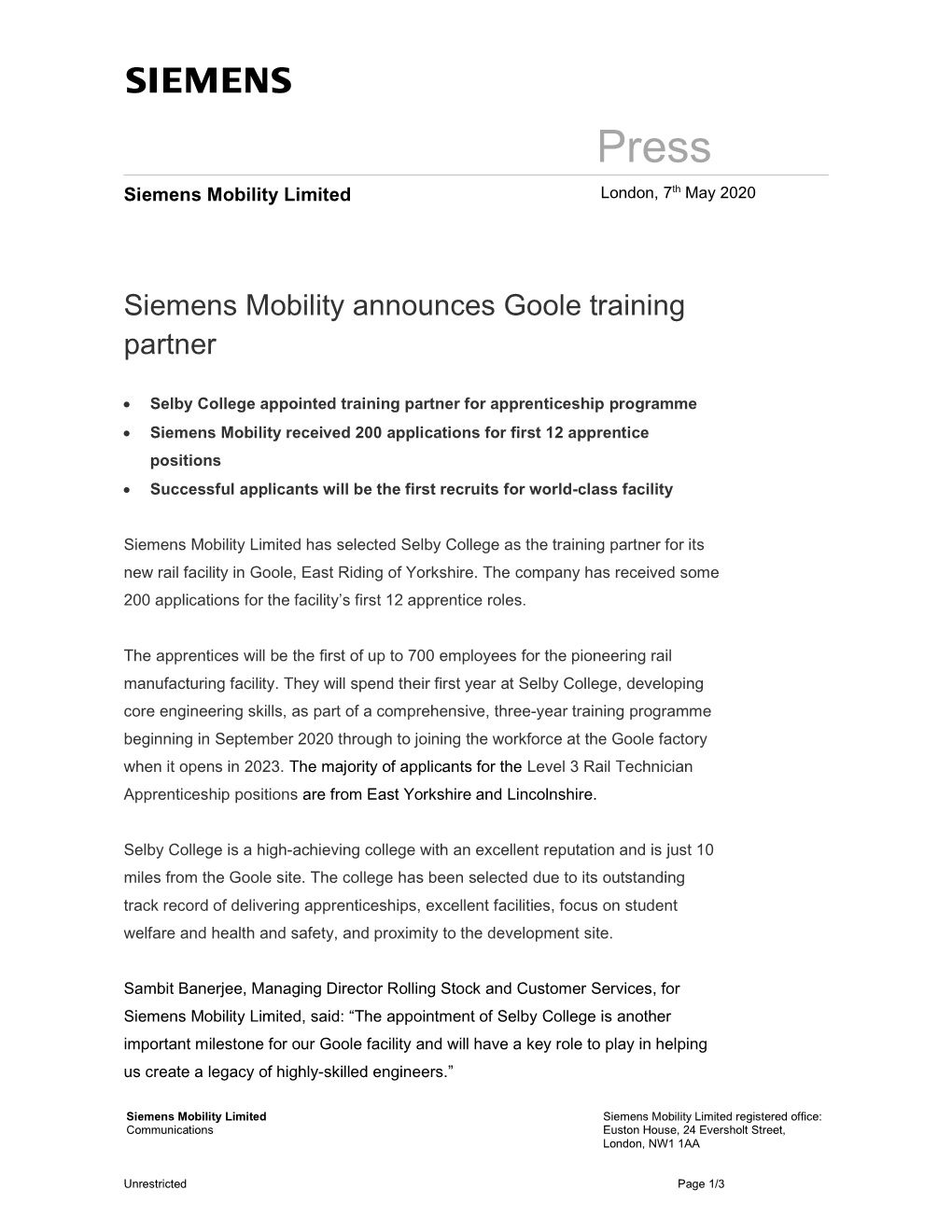 Siemens Mobility Announces Goole Training Partner