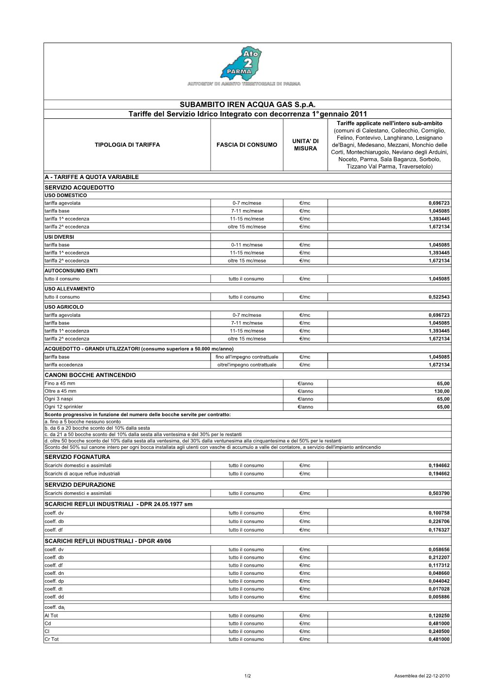 Articolazioni Tariffarie Servizio Idrico Integrato Per L'annualità 2011