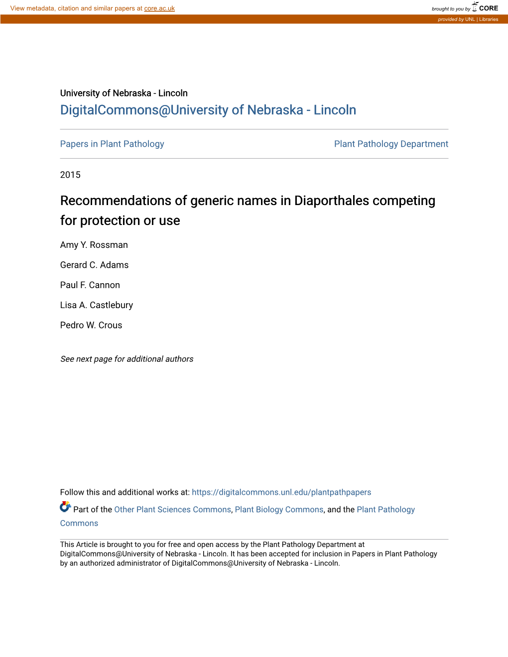 Recommendations of Generic Names in Diaporthales Competing for Protection Or Use