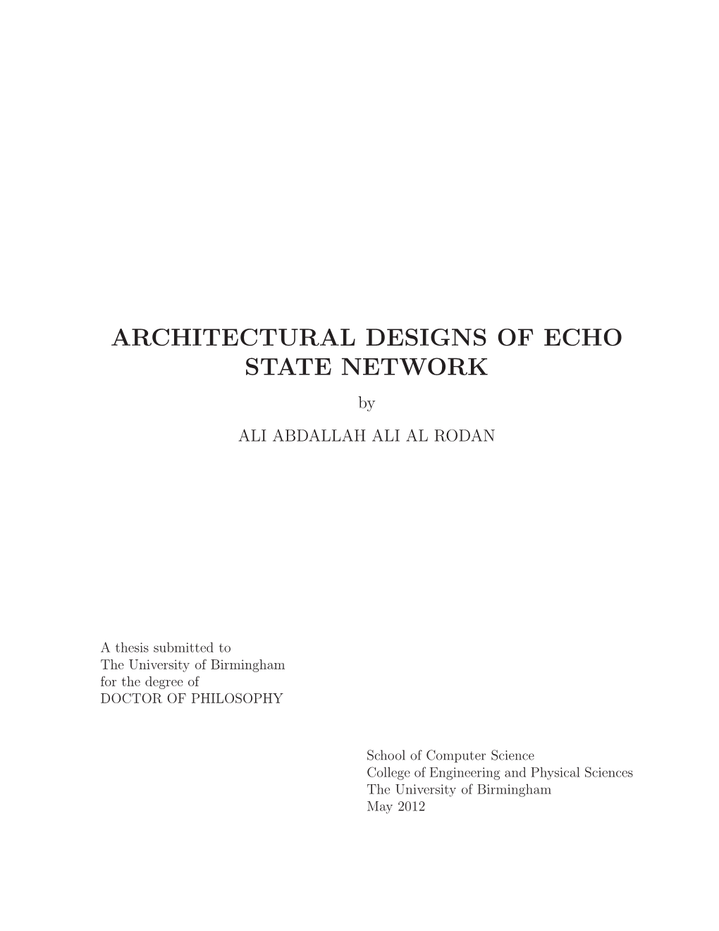 ARCHITECTURAL DESIGNS of ECHO STATE NETWORK by ALI ABDALLAH ALI AL RODAN
