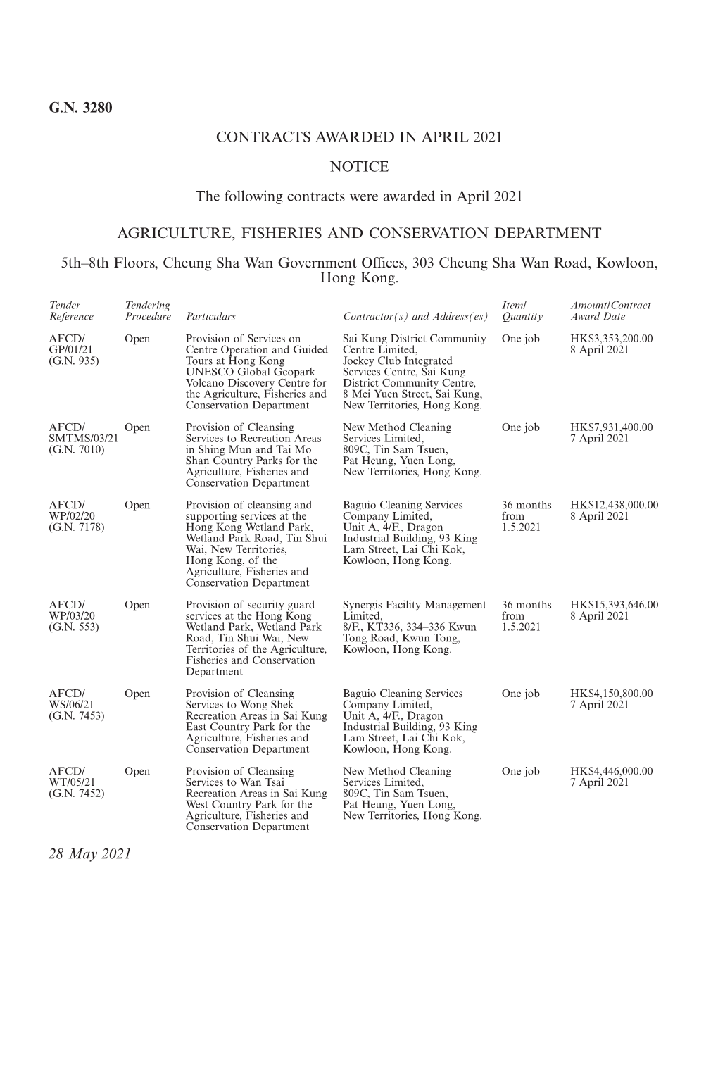 G.N. 3280 CONTRACTS AWARDED in APRIL 2021 NOTICE the Following Contracts Were Awarded in April 2021