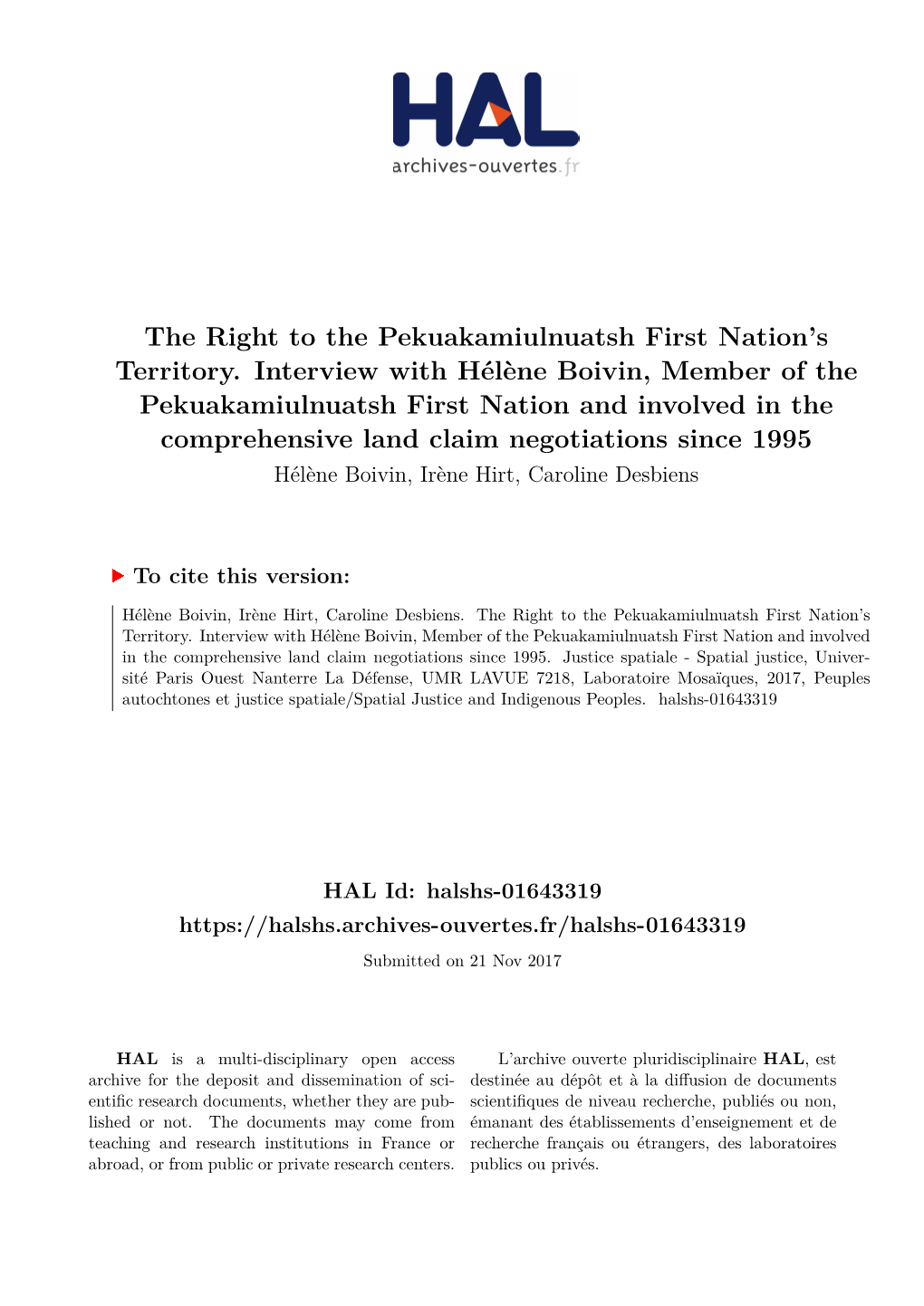 The Right to the Pekuakamiulnuatsh First Nation's Territory. Interview with Hélène Boivin, Member of the Pekuakamiulnuatsh