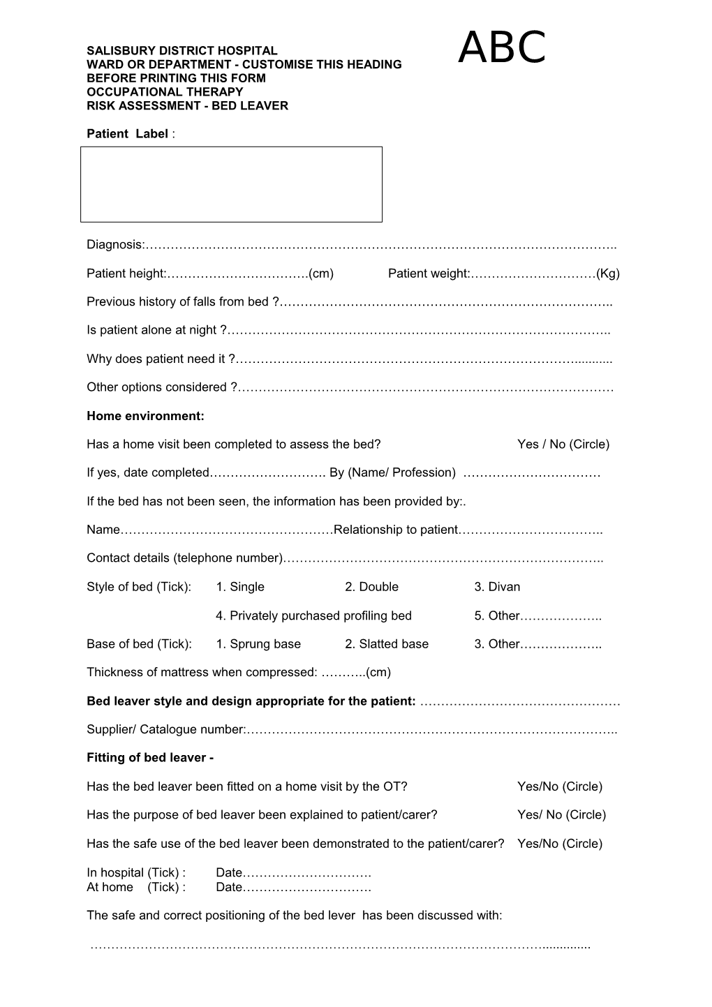 Ward Or Department - Customise This Heading Before Printing This Form