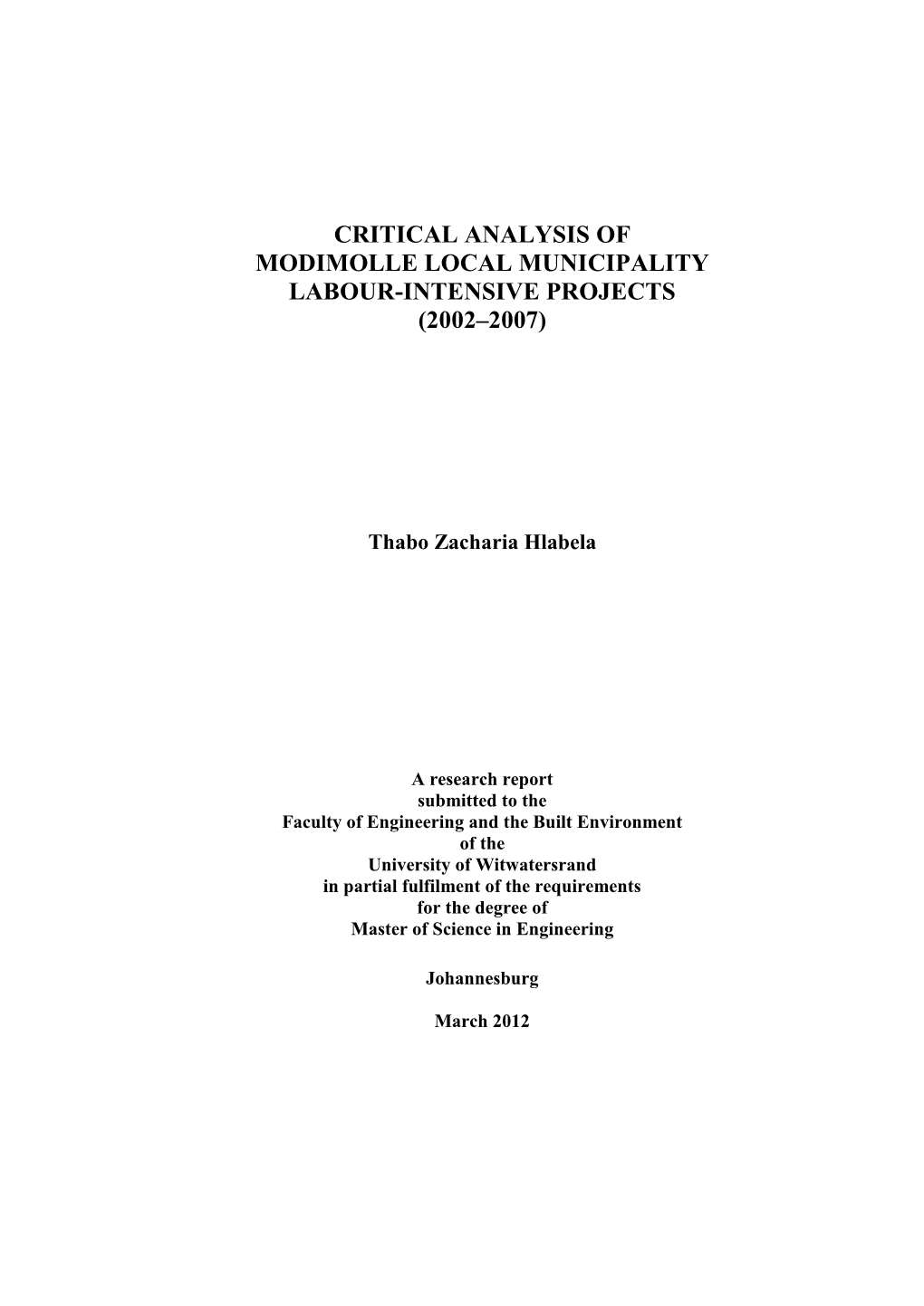 Critical Analysis of Modimolle Local Municipality Labour-Intensive Projects (2002–2007)