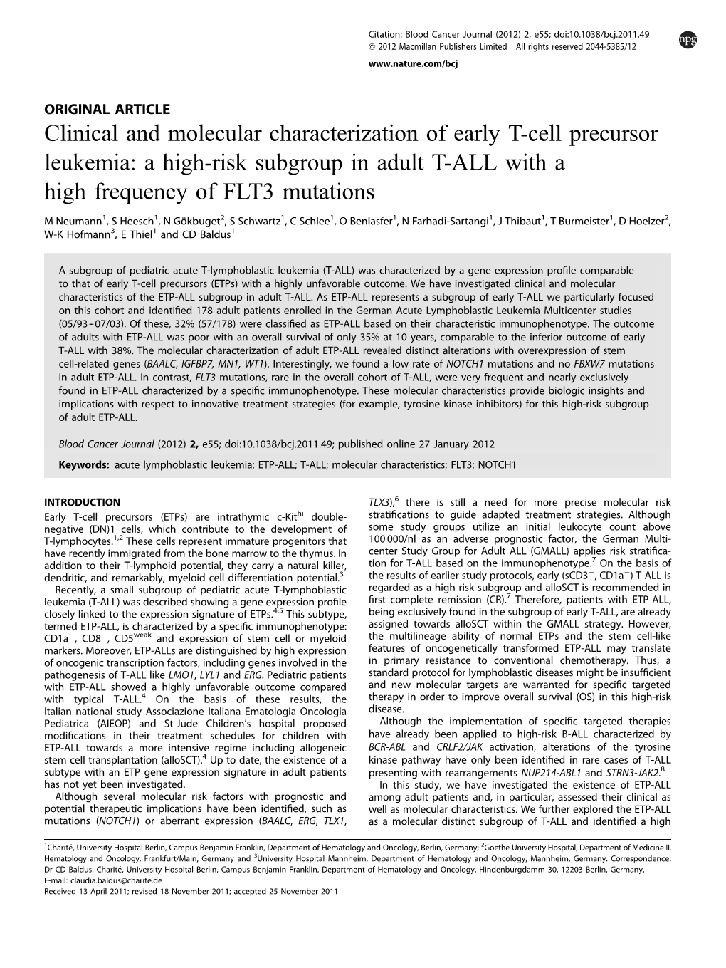 Clinical and Molecular Characterization of Early T-Cell Precursor Leukemia: a High-Risk Subgroup in Adult T-ALL with a High Frequency of FLT3 Mutations